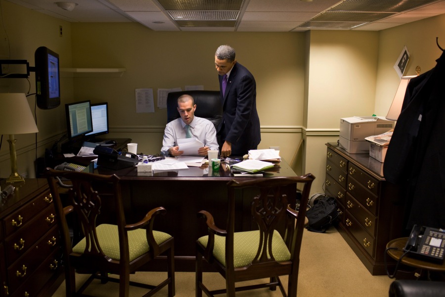 President Barack Obama talks with Director of Speechwriting Jon Favreau in Favreau's office in the West Wing of the White House, March 3, 2010. (Official White House Photo by Pete Souza)