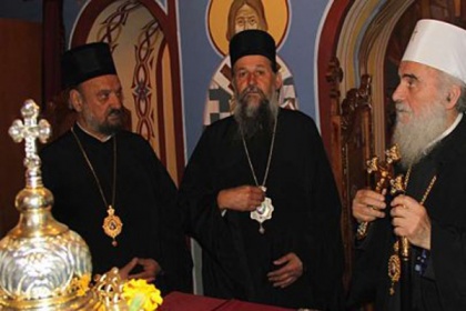 Bishops Vasilije and Pahomije with Serbian Orthodox Church Patriarch Irinej